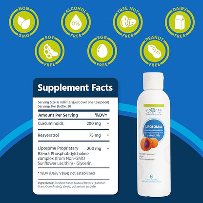 Core Med Science Liposomal Curcumin Resveratrol 200mg Curcumin and 75mg Resveratrol - 6 Fl Oz Liquid - High Absorption Curcumin Supplement