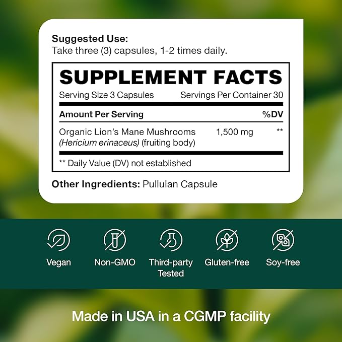 Fresh Nutrition Organic Lions Mane Mushroom Capsules - Strongest DNA Verified Formula - Rich in Alpha Glucan - Powerful Superfood Supplement - Brain, Immune System Benefits - Vegan Friendly