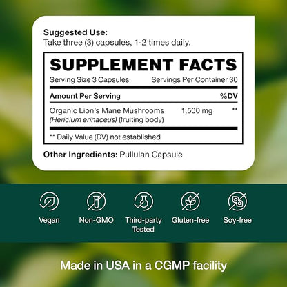 Fresh Nutrition Organic Lions Mane Mushroom Capsules - Strongest DNA Verified Formula - Rich in Alpha Glucan - Powerful Superfood Supplement - Brain, Immune System Benefits - Vegan Friendly