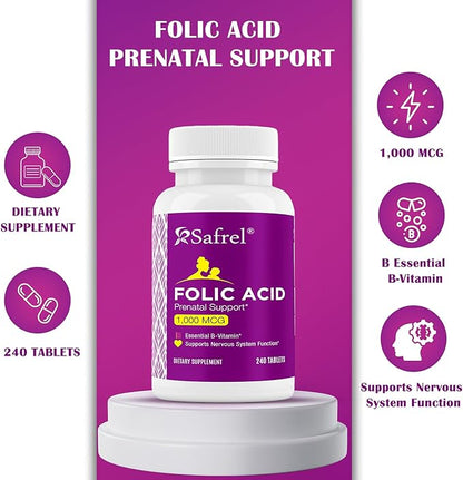Safrel Folic Acid 1000 mcg (1 mg) - Vitamin B9-240 Tablets, Essential Prenatal and Postnatal Vitamin for Fetal Development, Red Blood Cell Production, Cell and Neural Development | Non-GMO, Vegan