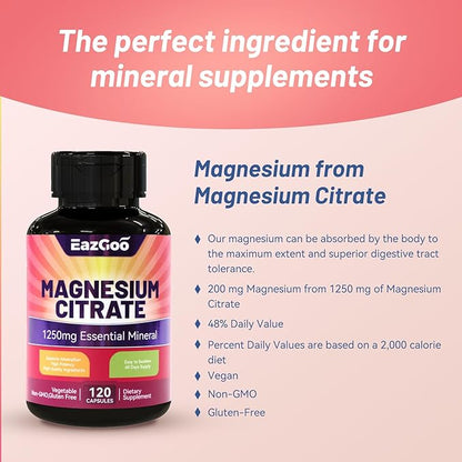 Magnesium Citrate Capsules 1250mg, High Absorption Magnesium Citrate Supplement with Elemental Magnesium, Extra Strength Magnesium Supplement, Non-GMO, Gluten-Free, 120 Vegetable Capsules