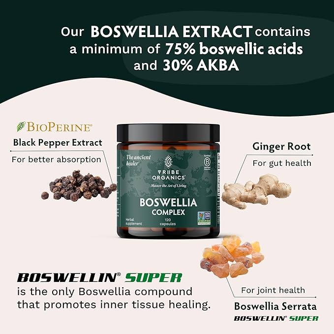 TRIBE ORGANICS Boswellia Serrata Complex Supplement for Joint Support, Muscle Relief - Vegetarian Non-GMO 120 Capsules, High Potency - Boswellin Super with Ginger Extract & Black Pepper - 420mg