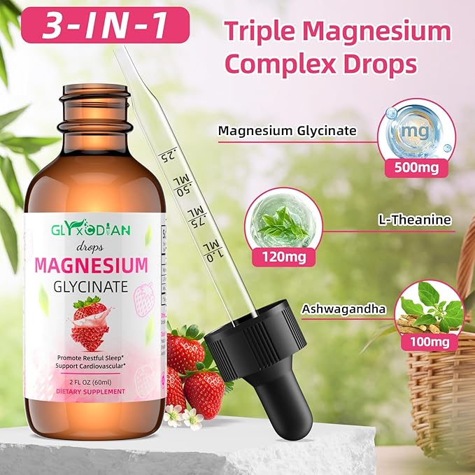 Magnesium Glycinate Drops, Magnesium Complex Supplement Liquid with L-Theanine Ashwagandha Supports Muscle, Energy, Memory, Sleep, Mood, Bone, Health Vegan, Non-GMO (2 Fl Oz, Berry Flavor)