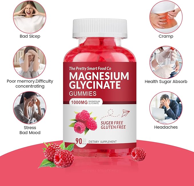 Magnesium Glycinate Gummies 1000mg - 90 Ct | Magnesium Potassium Supplements for Relaxation, Stress Relief, with Vitamin D, B6, CoQ10 for Calm Mood & Sleep Support - Raspberry Gummies