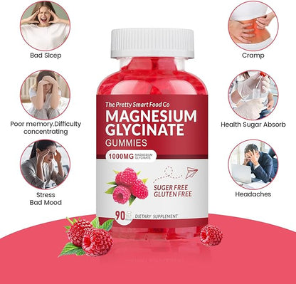 Magnesium Glycinate Gummies 1000mg - 90 Ct | Magnesium Potassium Supplements for Relaxation, Stress Relief, with Vitamin D, B6, CoQ10 for Calm Mood & Sleep Support - Raspberry Gummies