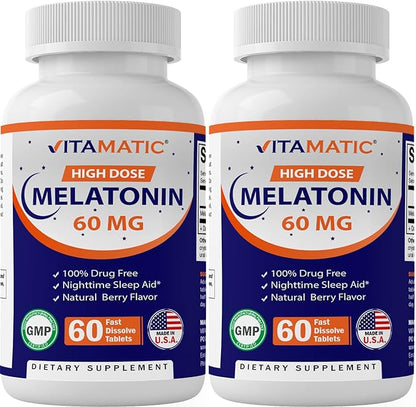 Vitamatic Melatonin 60 mg Fast Dissolve Tablets - 60 Vegan Natural Berry Flavor Tablets - Non-Habit Forming - Non-GMO, Gluten Free (2 Bottles)