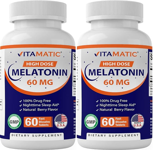 Vitamatic Melatonin 60 mg Fast Dissolve Tablets - 60 Vegan Natural Berry Flavor Tablets - Non-Habit Forming - Non-GMO, Gluten Free (2 Bottles)