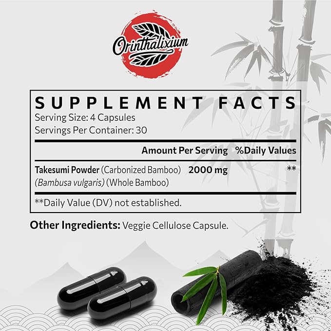 Takesumi Activated Charcoal 2000mg – Activated Charcoal from Bamboo for Max Absorption, Detox & Gut, 120 Vegan Capsules