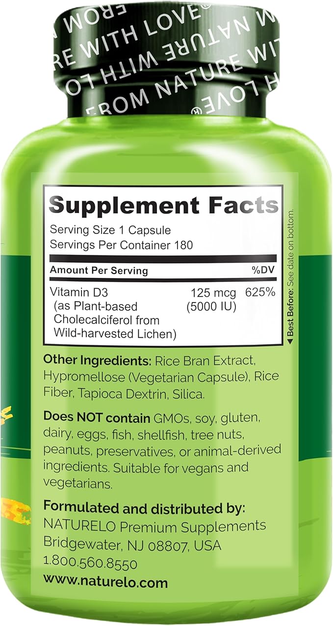 NATURELO Vitamin D - 5000 IU - Plant Based from Lichen - Natural D3 Supplement for Immune System, Bone Support, Joint Health - High Potency - Vegan - Non-GMO - Gluten Free - 180 Capsules