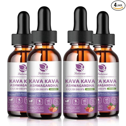 (4 Pack) Kava Kava Root Extract Supplement - Calming High Concentration Kava w/ Ashwagandha, Lemon Balm, Valerian Root for Relaxation, Liver, Cognitive Support & Immune System,Vegan, Alcohol-Free