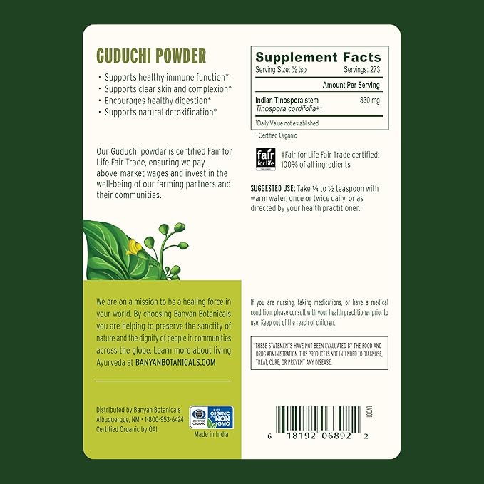 Banyan Botanicals Organic Guduchi Powder – Organic Immune Health Supplement – for Natural Detox, Balanced Digestion & Healthy Skin* – 1/2 lb – Non-GMO Sustainably Sourced Vegan FFL