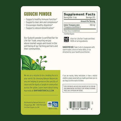 Banyan Botanicals Organic Guduchi Powder – Organic Immune Health Supplement – for Natural Detox, Balanced Digestion & Healthy Skin* – 1/2 lb – Non-GMO Sustainably Sourced Vegan FFL