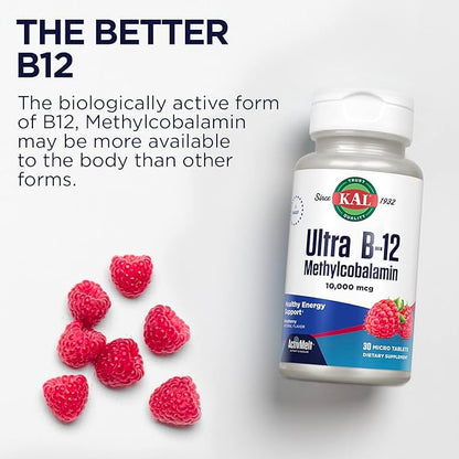KAL Ultra B12 Methylcobalamin 10,000mcg, High Potency Vitamin B-12 for Healthy Energy, Metabolism, Nerve, Red Blood Cell Support,* Natural Raspberry Flavor, Vegetarian, 30 Micro Tablets, 30 Servings