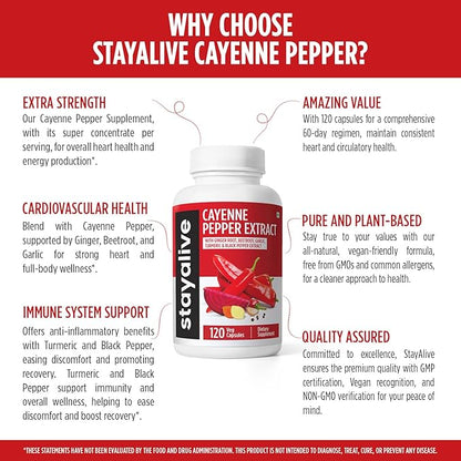 StayAlive Cayenne Pepper Capsules 960mg Super Extract with Ginger, Garlic, Turmeric, Beet Root, Black Pepper, 120 Cayenne Capsules, Support Cardiovascular & Immune System, Capsaicin Supplement Pills