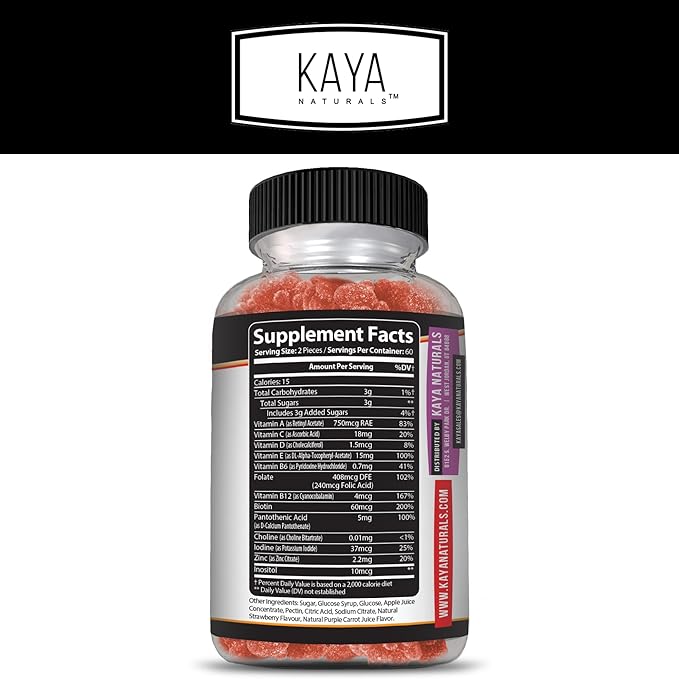 Kaya Naturals Adult Multi Vitamin Gummy, 120 Count, Biotin, Vitamin A, B-12, C & E, Including Zinc, Folic Acid, Strawberry Flavor (120 Gummies)