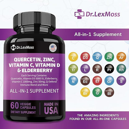 60 Count Quercetin 1000mg Zinc 50mg Vitamin C 1000mg Vitamin D 5000IU Immune System Support Supplement with Echinacea Ginger Bromelain Sea Moss Garlic Nettle Vegan Capsules for Men and Women,USA