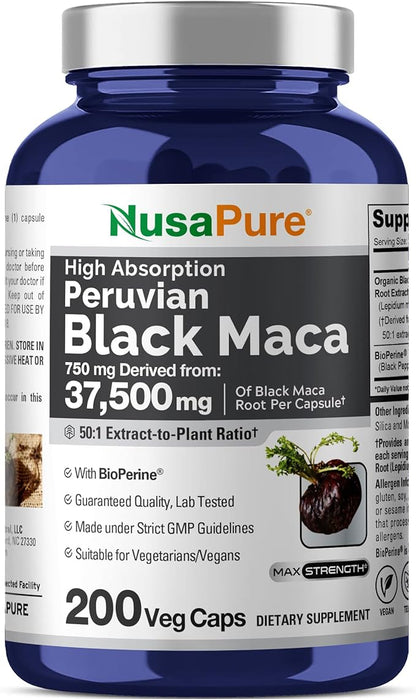 NusaPure Black Maca Root 50:1 Extract, 750 mg Equivalent to 37,500 mg 200 Veggie Per Caps (Vegan, Non-GMO)