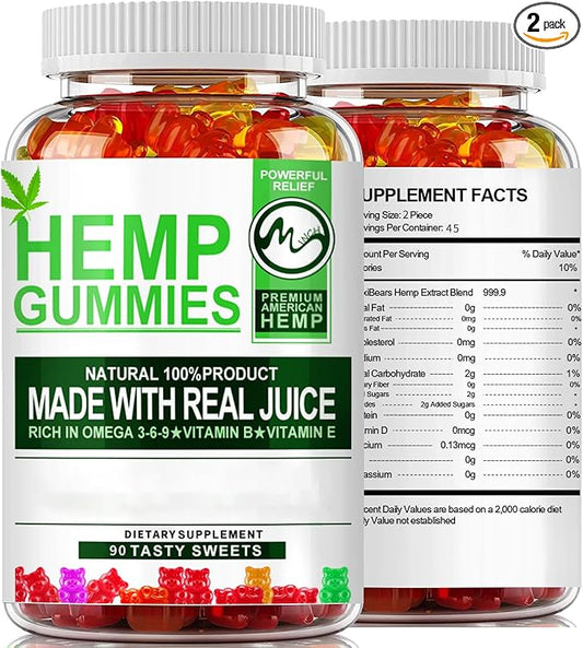 (2 Pack) Hemp Gummies - 90PCS Stress Relief Fruity Gummy Bear with Hemp Oil, Natural Hemp Supplements