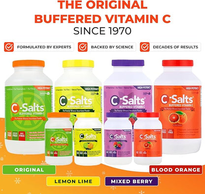 C-Salts Original Vitamin C Powder Supplement - 100% Pure High Dose Buffered Vitamin C Powder for Immune Support - Sugar-Free Powdered Drink Ascorbate, Organic, Stomach-Friendly, Blood Orange 8oz