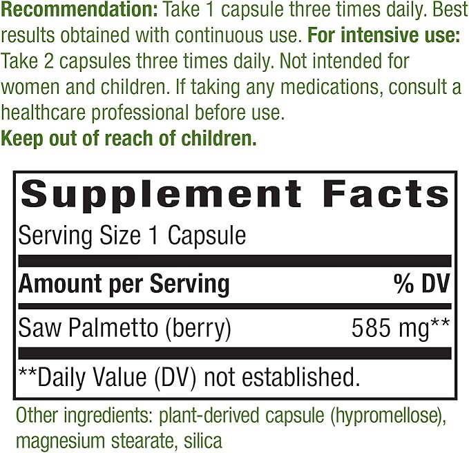 Nature's Way Saw Palmetto Berries, Traditional Prostate Support*, 585 mg per Serving, Non-GMO Project Verified, Vegan, 180 Capsules (Packaging May Vary)