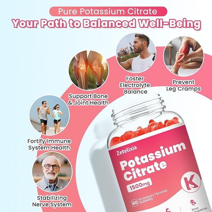 Potassium Gummies for Adults Women & Men, Potassium Citrate Supplement, Support Leg Cramps, Muscle Health & Electrolyte Balance, Sugar Free, Organic, Vegan, Strawberry, 60 Cts
