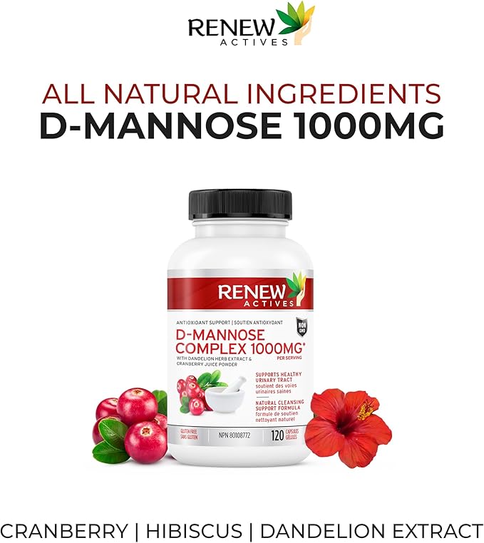 Renew Actives High Potency D-Mannose & Cranberry Complex 1000MG per 2 Capsules – with Hibiscus & Dandelion Extracts – Antioxidant Blend – No Artificial Flavours - Made in Canada - 120 Capsules