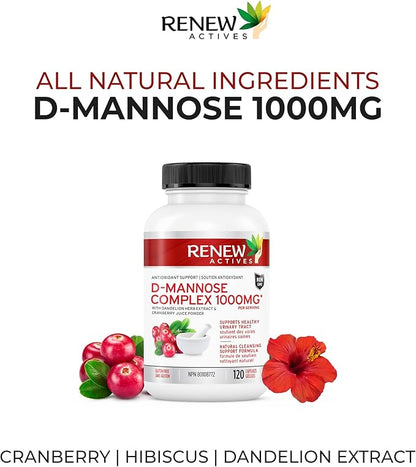 Renew Actives High Potency D-Mannose & Cranberry Complex 1000MG per 2 Capsules – with Hibiscus & Dandelion Extracts – Antioxidant Blend – No Artificial Flavours - Made in Canada - 120 Capsules