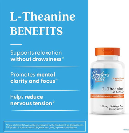 Doctor's Best L-Theanine AlphaWave, Supports Relaxation and Mental Clarity, Non-GMO, Gluten Free, Soy Free, Vegan 60 Veggie Caps