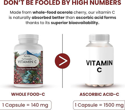 OPTIVIDA Plant Based Natural Acerola Cherry Vitamin C Capsules (60 Count), Time Release Organic Vitamin C | (Non Ascorbic Acid) Vegan Supplement for Immune Support, Healthy Skin & Joints