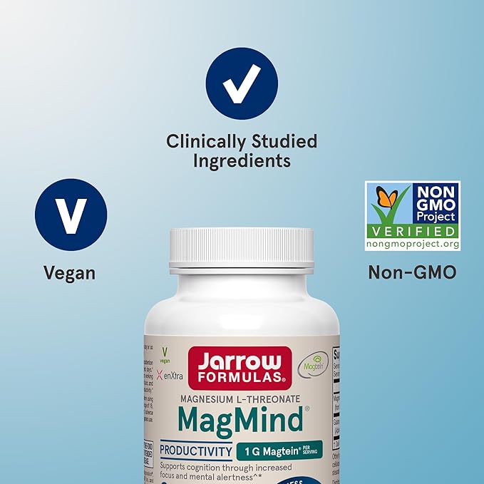 Jarrow Formulas Magnesium L-Threonate, MagMind Productivity, High Absorption Magnesium, Brain Supplements for Memory and Focus, 60 Veggie Capsules, Up to a 30 Day Supply