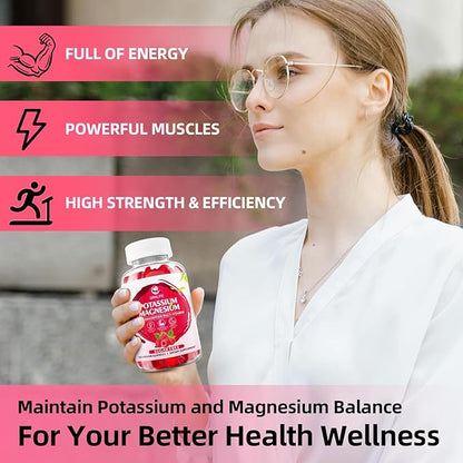 Potassium Magnesium Supplement Gummies, Potassium Gummies for Adults Kids, High Absorption Magnesium Glycinate for Leg Cramps & Immune Health, Sugar-Free, Raspberry Flavors, 120 Count