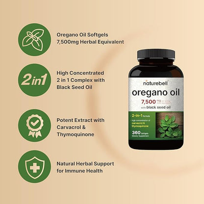 NatureBell Oregano Oil 7,500mg with Black Seed Oil, 360 Softgels | 360-day Supply Essential Oils for Immune Health | Retains High Concentrated Carvacrol & Thymoquinone – Non-GMO