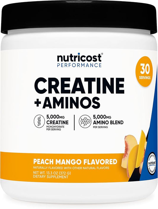 Nutricost Creatine + Aminos 30 Servings (Peach Mango Flavored) - 5,000mg Creatine Monohydrate + 5000mg Amino BCAA Blend Per Serving