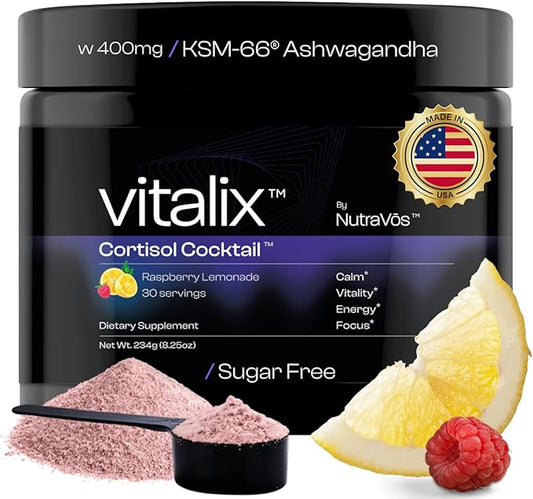 Vitalix Cortisol Cocktail–Premium Adaptogen Drink Mix - Cortisol Detox & Adrenal Support - Ashwagandha KSM 66 400mg, Magnesium Glycinate 200mg, L-Theanine 200mg - Raspberry Lemonade – 30 Servings