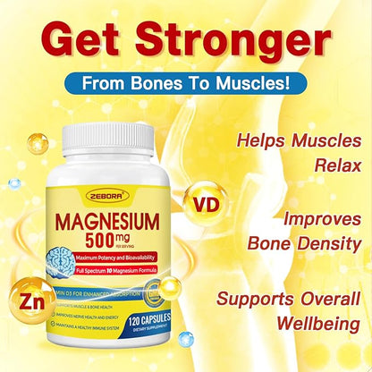 ZEBORA Magnesium Complex Supplement 500mg, 10 in 1 Chelated Magnesium - Magnesium Glycinate, Citrate, Malate, Plus More, with Vitamin D3 & Zinc for Nerve, Muscle & Bone Support, Vegan 99 Capsules