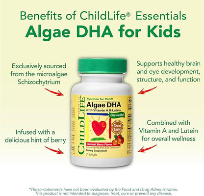 ChildLife Essentials Algae DHA for Kids - Omega 3 Supplement & Fish Oil Alternative - Algae Oil for Toddlers & Children - Natural Berry Flavor, 60 Chewable Softgels