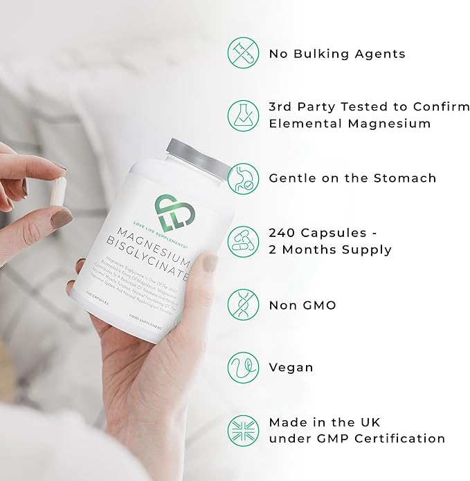 Magnesium Glycinate (Bisglycinate) | Chelated Magnesium Supplements | 2750mg (303mg Magnesium) | 240 Capsules / 60 Servings | Highly Bioavailable | Made in UK - GMP Certified | Love Life Supplements