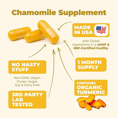 Turmeric Supplement & Chamomile Capsules for Sleep - Organic Turmeric Sleep Supplement with Chamomile Flowers Extract (Manzanilla) - Relaxation & Stress Support - Joint & Digestive Health. 60 Capsules