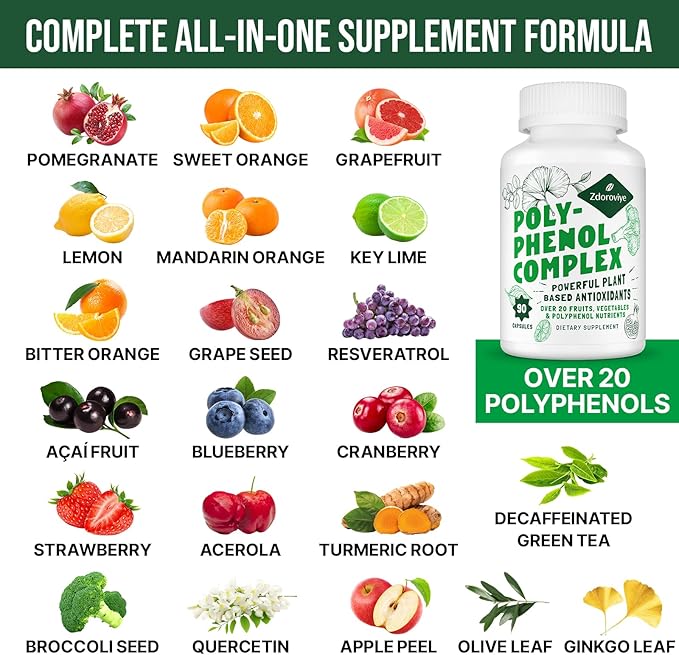 2250 MG Polyphenols Supplement Over 20 Fruits,Vegetables & Polyphenols,Quercetin,Resveratrol,Turmeric,Green Tea,Powerful Antioxidants,Polyphenols for Age Defense,Immune System,90 Capsules
