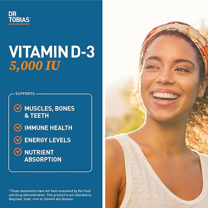 Dr. Tobias Vitamin D3 5000 IU, Essential for Healthy Bones, Teeth, and Immune System, Extra Strength Vitamin D Supplement, Non-GMO, 90 Capsules, 90 Servings