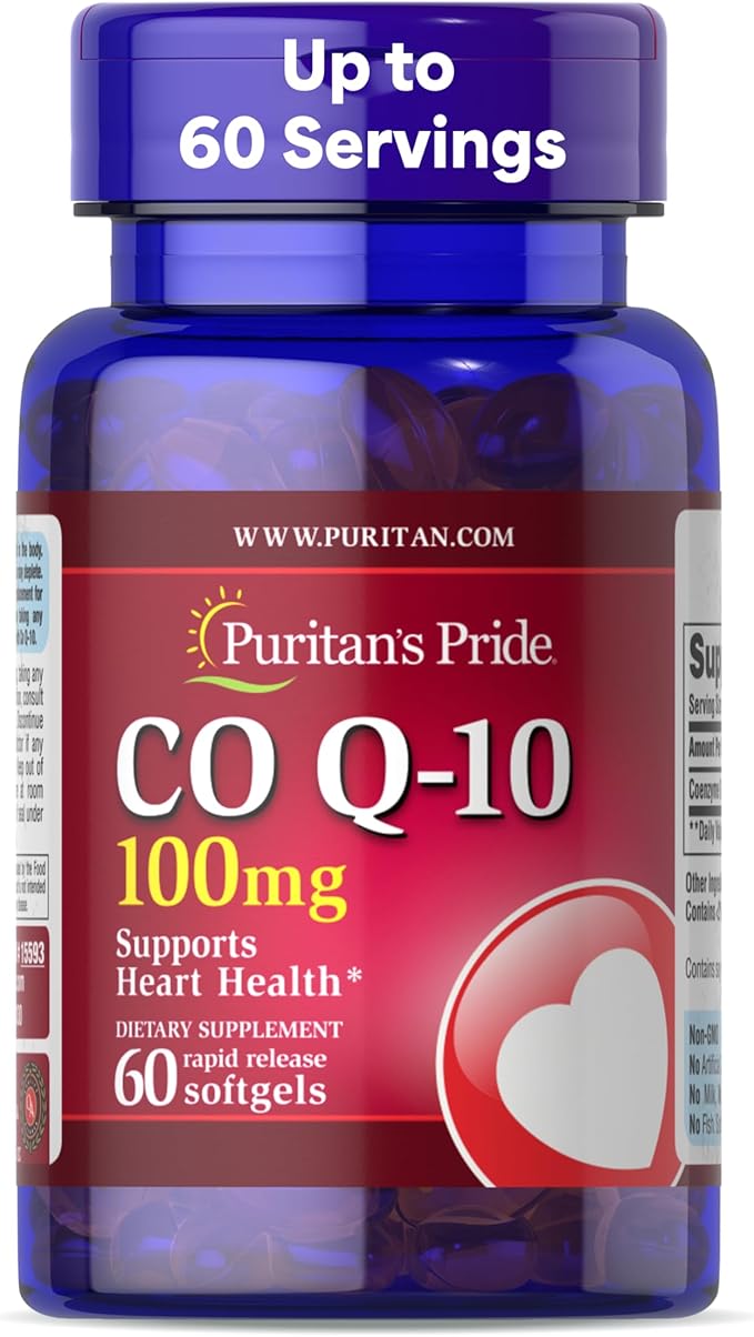 Puritan's Pride Coenzyme CoQ10 100mg, Dietary Supplement for Heart Health, Blood Pressure, Oral Gum Health, and Healthy Aging Support, 60 Servings, Rapid Release Softgels