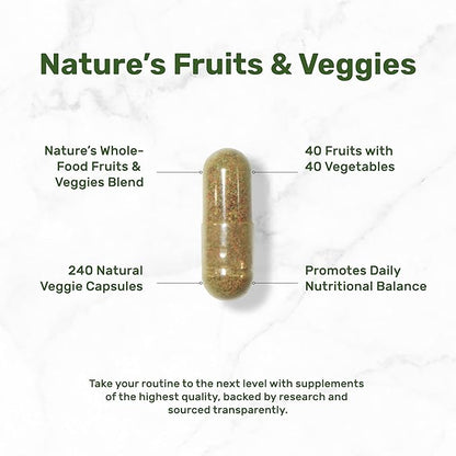 Nature’s Fruits & Veggies Supplement, 240 Veggie Capsules – 80 Whole Food Superfoods for Daily Balance – 40 Fruits with 40 Vegetables and Greens – Non-GMO, Gluten Free