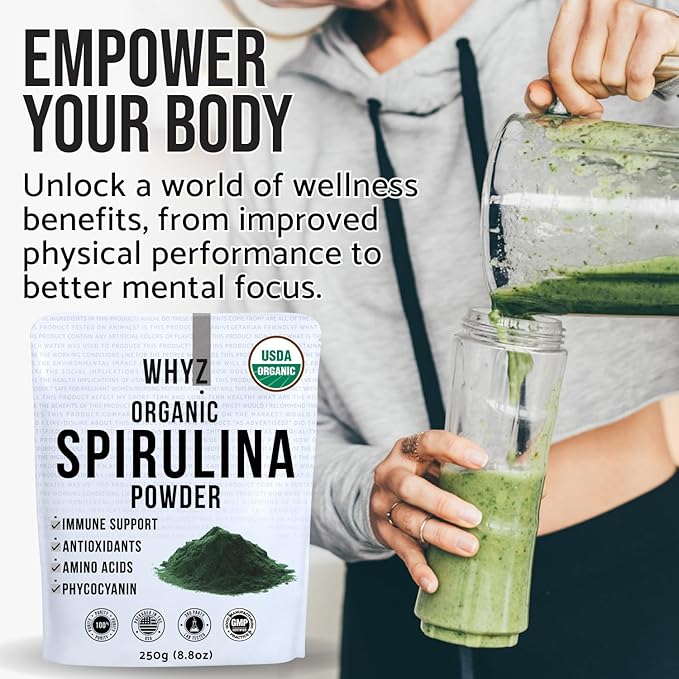 WHYZ Organic Spirulina Powder, 250g, Protein-Rich Spirulina Supplement, Organic Superfood for Immune Support, Green Spirulina Powder Organic Non GMO for Smoothies & Recipes