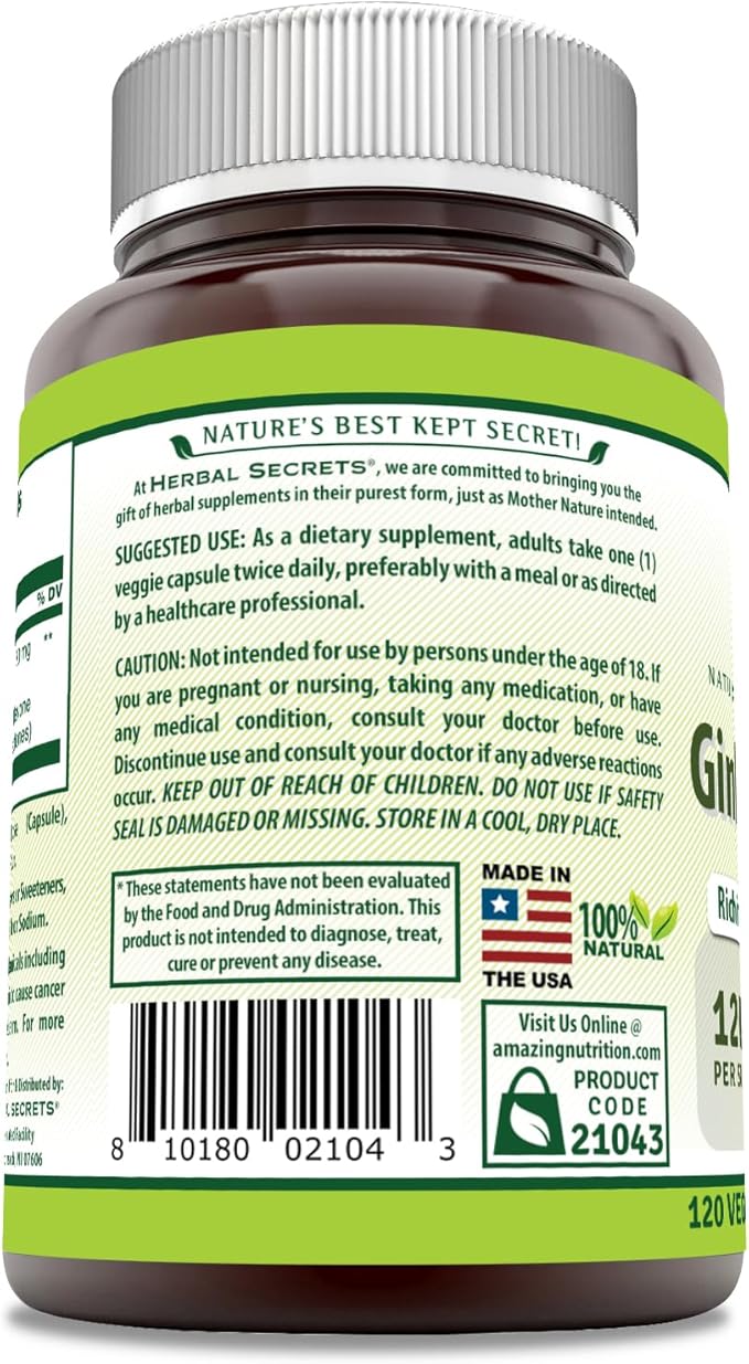 Herbal Secrets Ginkgo Biloba Supplement 120mg 120 Capsules | Standardized to Contain 24% Ginkgo Flavone Glycosides | Non-GMO | Gluten Free | Made in USA