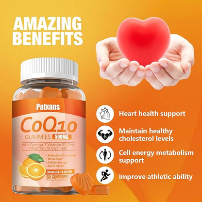 2 Packs 500MG CoQ10 Supplement Gummies, Omega-3, Magnesium, Vitamin B3, Zinc, Ultra High Absorption Provides Healthy Support for Heart, Cell Energy＆ Antioxidants, Vegan, Non-GMO, 120Cts