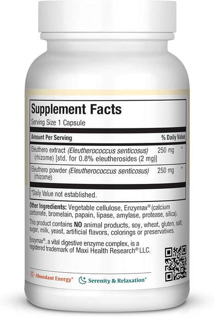 Maxi Health Eleuthero - 0.8% Eleutherosides - Stress and Energy Formula - 60 Capsules - Kosher (QSG)