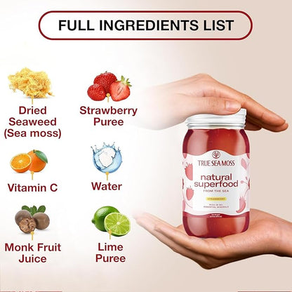 TrueSeaMoss Wildcrafted Irish Sea Moss Gel – Nutritious Organic Raw Seamoss Rich in Minerals, Proteins & Vitamins – Antioxidant Health Supplement, Vegan-Friendly Made in USA (Strawberry, Pack of 3)