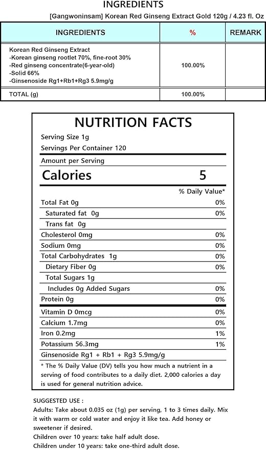 Gangwoninsam] Korean Red Ginseng Extract Gold 120g / 4.23 fl. oz – New Package Design, Contains 100% Pure Korean 6-Year-Old Red Ginseng Root Extract