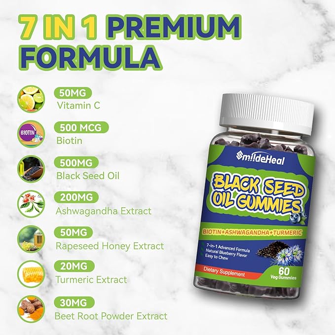 Black Seed Oil Gummies, Organic Black Cumin Seed Oil Gummies, Black Cumin Seed Oil Organic 500mg, Chewable Black Seed and Honey Gummies, Vegan, 60 Gummies