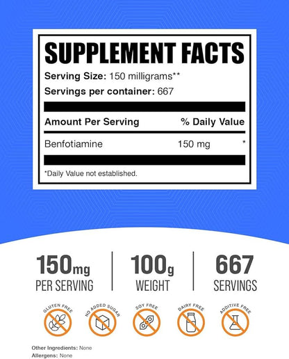 BulkSupplements.com Benfotiamine Powder - Thiamine B1 Supplement, Benfotiamine Supplement - Benfotiamine 150mg, Gluten Free - 150mg per Serving, 100g (3.5 oz) (Pack of 1)